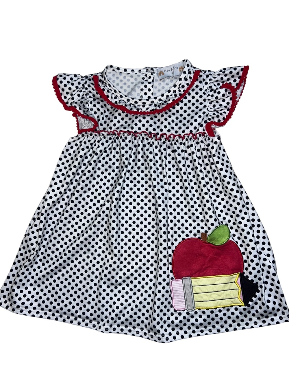 Abby & Evie Polka Dot Girls Dress with Red Apple Applique